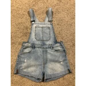 Vtg FOREVER 21 sz 27 SHORTALLS Light Rinse Distressed Denim Overalls Shorts Z21